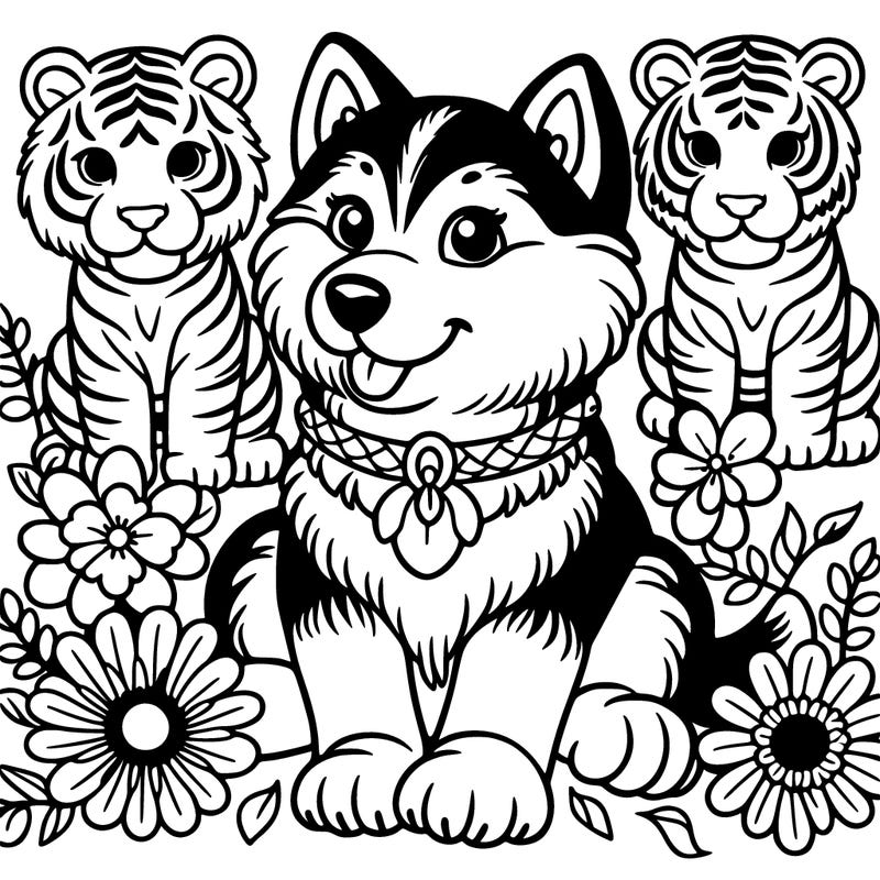 huskies the dog with tigers around it and flowers