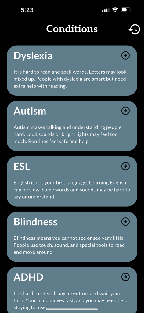 Interfaz de la aplicación ReadAble mostrando una lista de condiciones de aprendizaje que incluyen Dislexia, Autismo, ESL, Ceguera y TDAH con explicaciones sencillas.