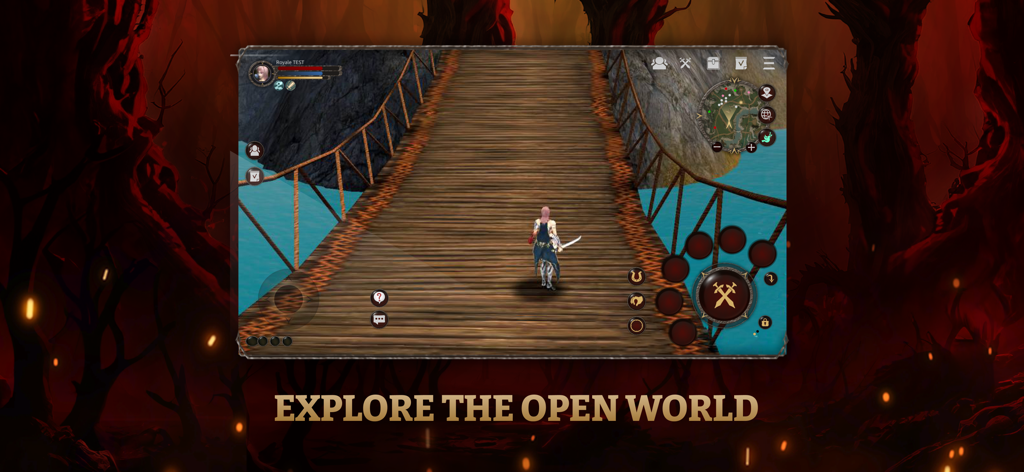 Un personnage traversant un pont en bois dans le monde ouvert du MMORPG Royale Online.