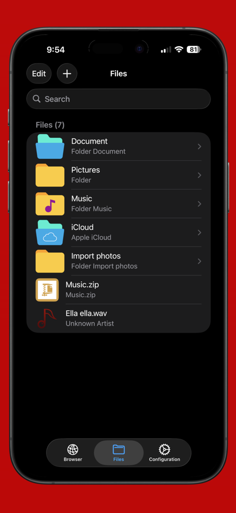 Interface do aplicativo eFiles Pro mostrando uma lista de pastas e arquivos em um iPhone