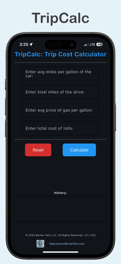 TripCalc mobile app screen showing input fields for fuel efficiency, trip distance, gas price, and toll costs