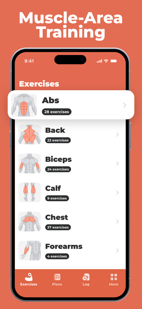 Smartphone screen displaying muscle group exercise categories for targeted training
