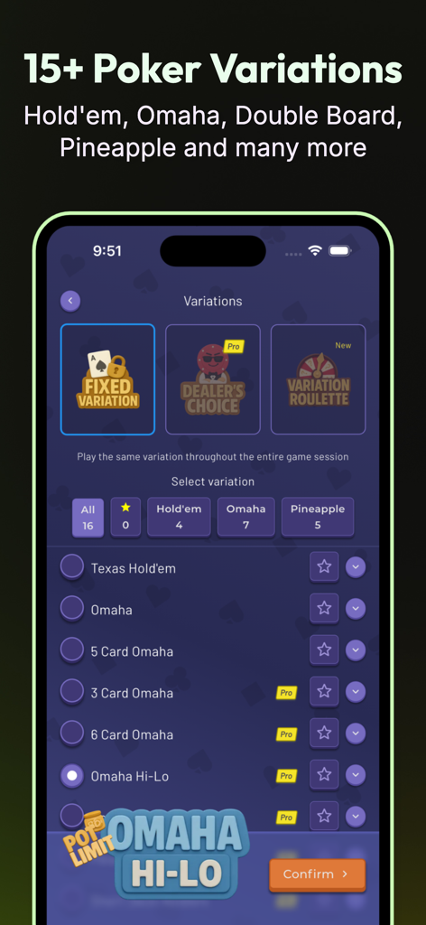 Poker 4 Friends: Chips of Fury - Interface do app Chips of Fury mostrando vários modos de jogo de poker, incluindo Texas Holdem e Omaha