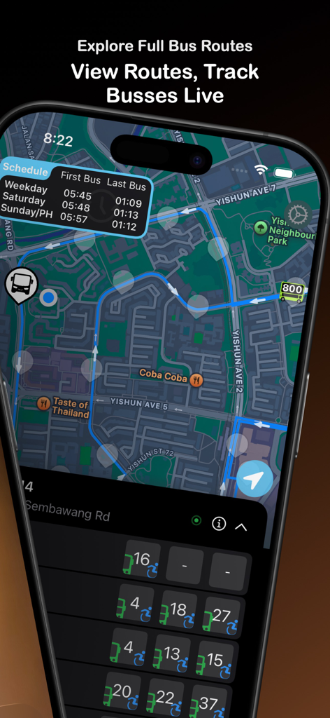 BusSing: SG Bus Arrival Times - Interface of BusSing app showing live bus tracking and route maps in Singapore
