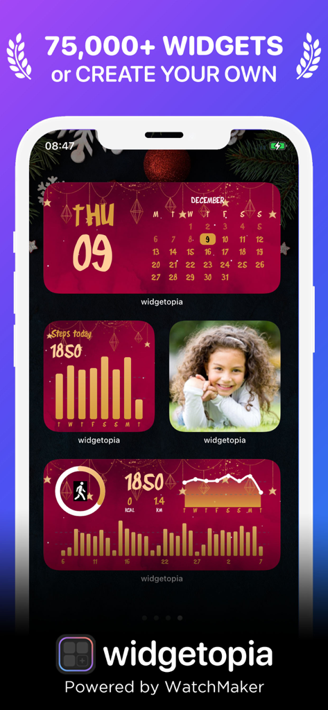 Lock + Home Widgets widgetopia - iPhone screen featuring custom red and gold holiday themed widgets for calendar and activity tracking