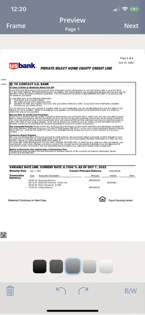 TurboScan™: document scanner - TurboScan app preview showing a high-quality scan of a U.S. Bank document with editing and contrast tools
