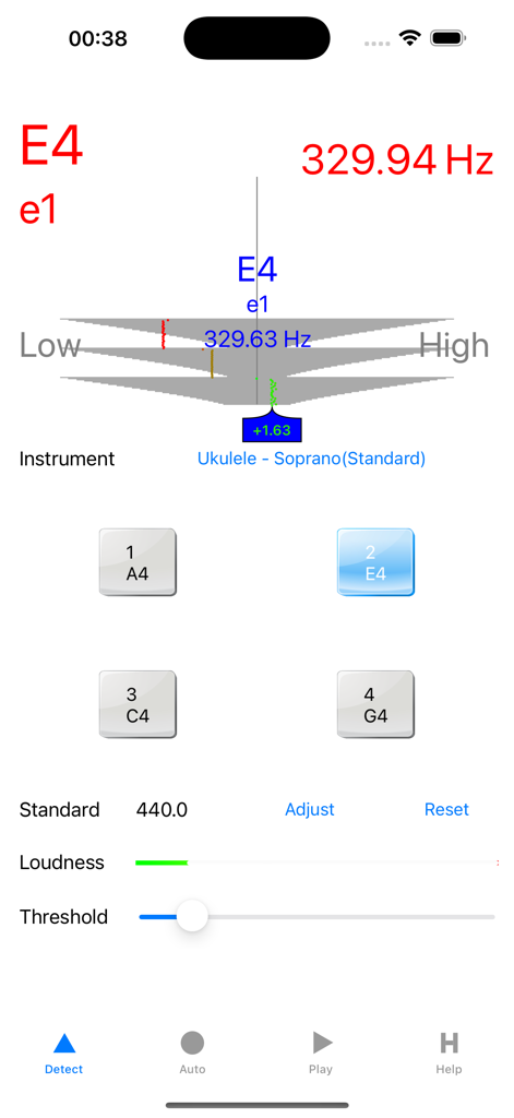 Interface of Accurate Ukulele Tuner app showing a pitch meter for a Soprano Ukulele tuning E4 at 329.94 Hz