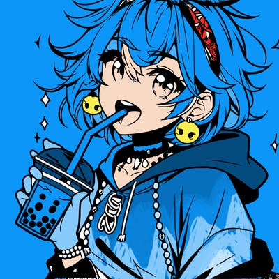 hot baddie anime girl drinking boba and biting the straw