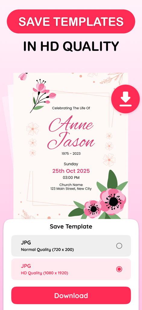 Invitation Maker: RSVP & Cards - Mobile app screen showing options to save and download a floral invitation card in HD quality.