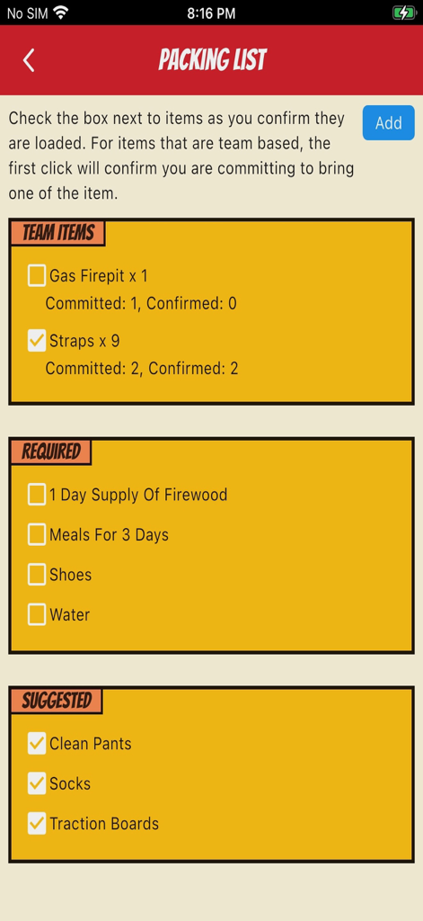 Una pantalla de aplicación móvil que muestra una lista de empaque para viajes de 'overlanding' con categorías de artículos para el equipo, equipo requerido y suministros sugeridos.