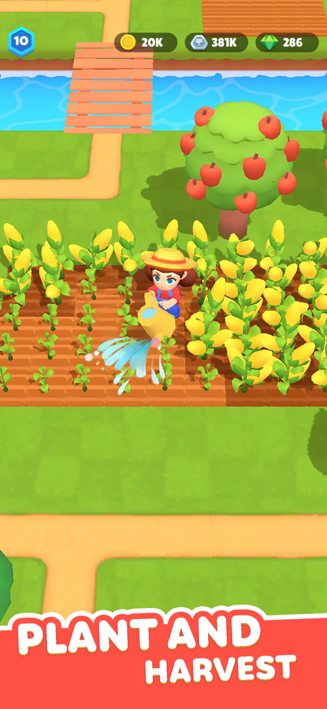 A character watering a corn field next to an apple tree in the Animal Land Island Farm game.