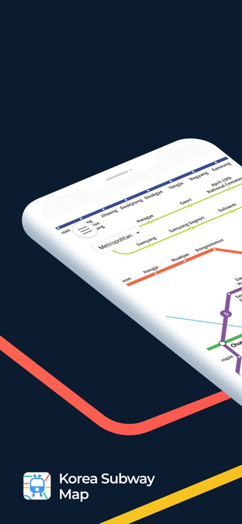 A smartphone showing the Korea Subway Map app with English station names for the Seoul Metropolitan area.