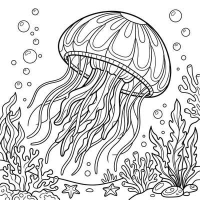 Introduce your child to the wonders of the ocean with this charming cannonball jellyfish coloring page. Featuring a friendly jellyfish surrounded by vibrant sea life, it's perfect for inspiring young imaginations.