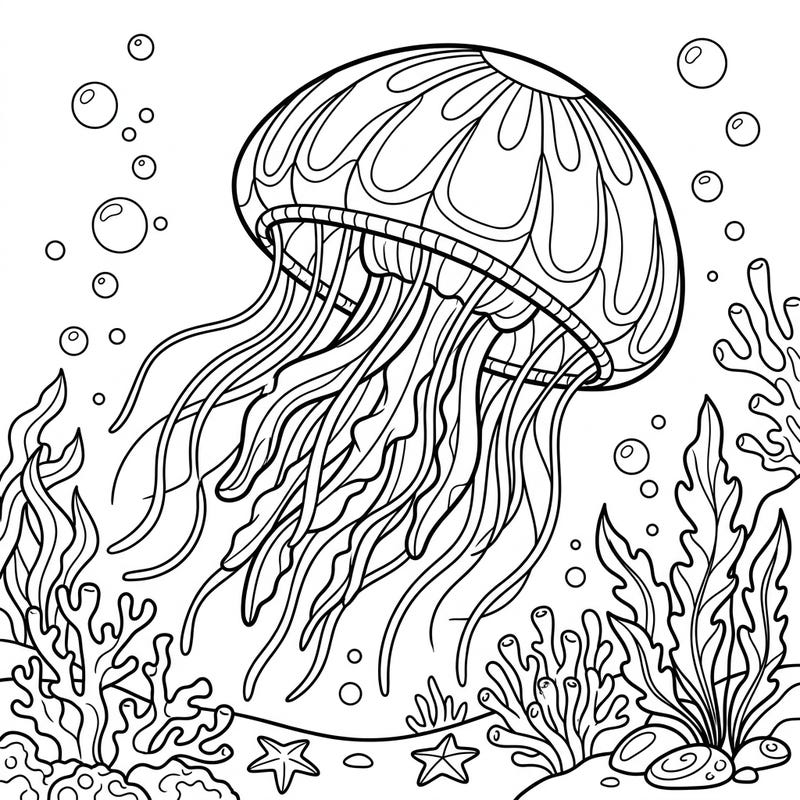 Introduce your child to the wonders of the ocean with this charming cannonball jellyfish coloring page. Featuring a friendly jellyfish surrounded by vibrant sea life, it's perfect for inspiring young imaginations.