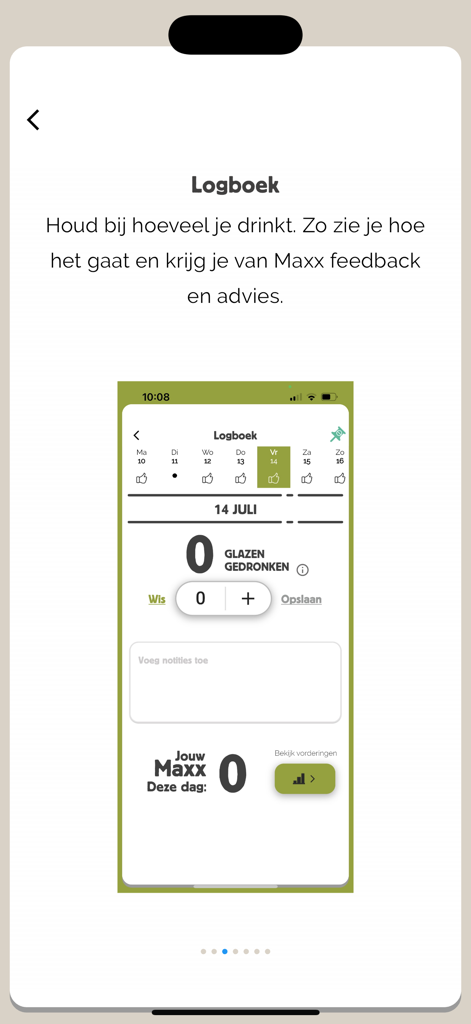 Maxx: grip op alcoholgebruik - The Maxx app logbook screen for recording daily alcohol consumption and monitoring goals.