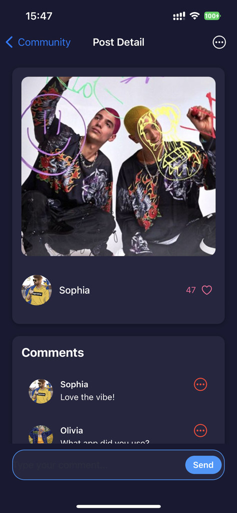 Screenshot of a community post in the Grif app showing a photo with digital graffiti and a comments section.