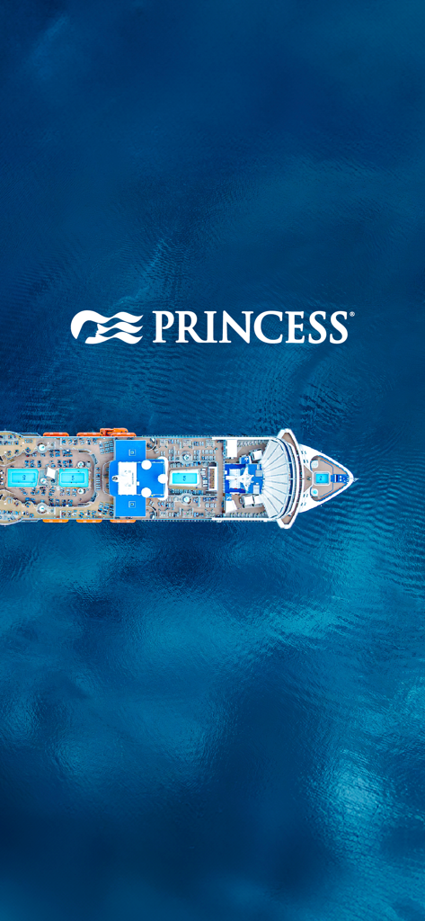 Princess Cruises - Vista aerea di una nave Princess Cruises che naviga nell'oceano blu profondo con il logo dell'azienda.
