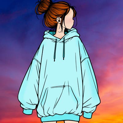 realistic girl with a oversized sweatshirt on and a bun