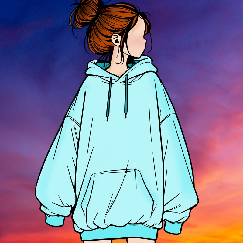 realistic girl with a oversized sweatshirt on and a bun