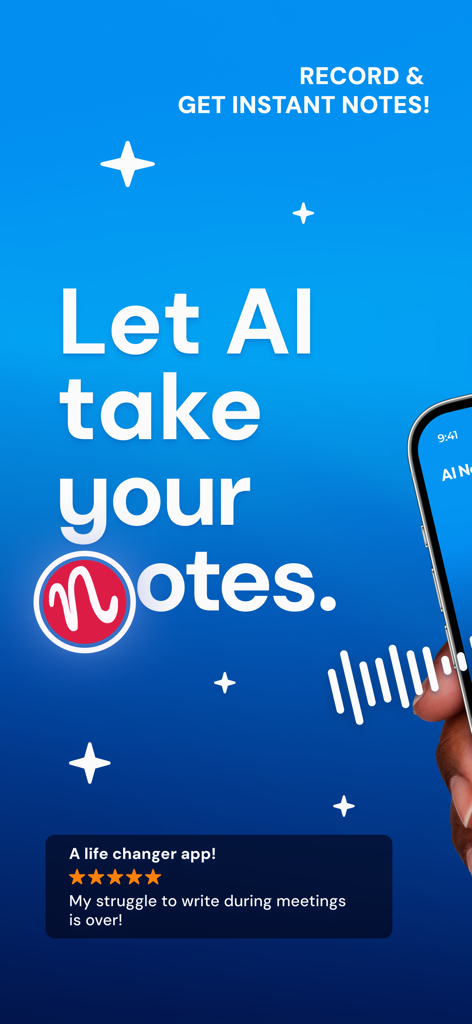 Minutes of Meeting AI Notebook - 5つ星のユーザーレビューが付いたAI会議メモアプリのプロモーションバナー