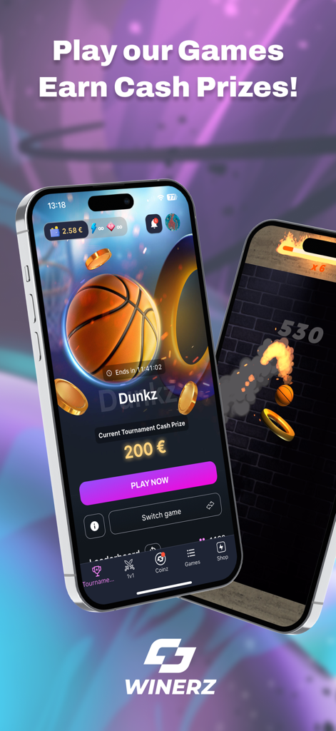 A smartphone showing the Winerz app interface for a basketball tournament with a 200 euro cash prize and active gameplay.