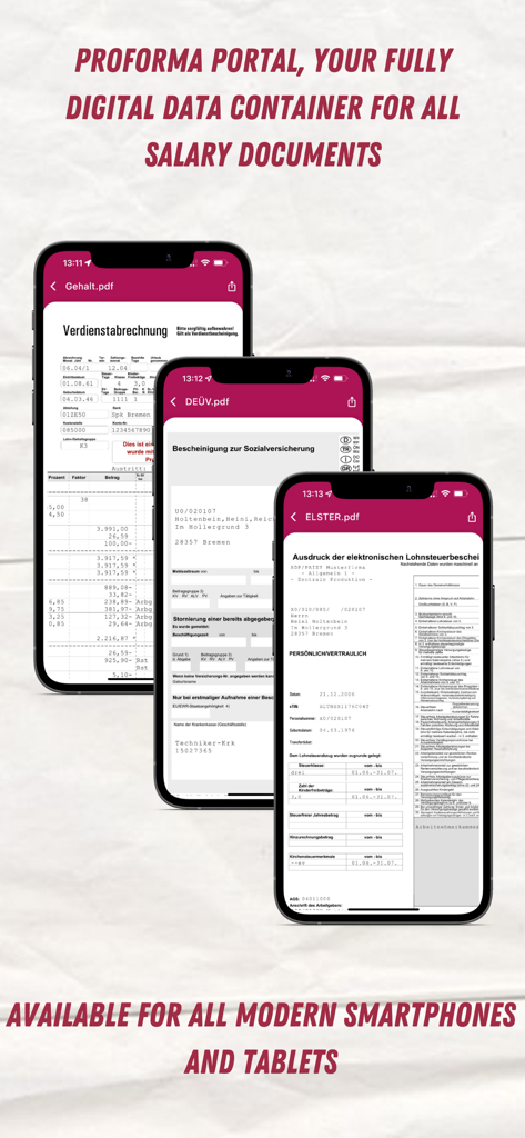 ProForma PORTAL 2 - Drei Smartphones, die digitale Gehalts- und Steuerdokumente in der ProForma PORTAL 2 Mobile App anzeigen.