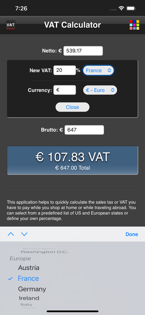 VAT Calculatorアプリの画面。ユーロ通貨でフランスの税金計算が表示されています。