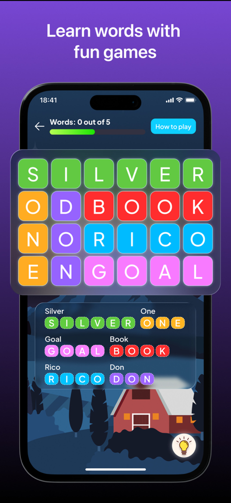 Zehnly AI - Interfaz de la aplicación móvil Zehnly AI con un colorido juego de rompecabezas de palabras para aprender inglés