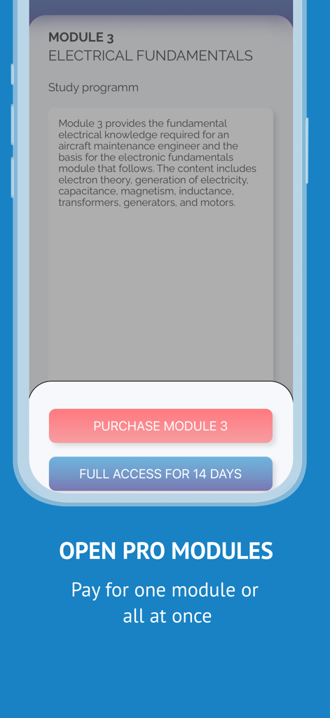Capture d'écran de l'application Examen des modules EASA Part 66 montrant le programme d'études et les options d'achat pour le Module 3 Notions fondamentales d'électricité
