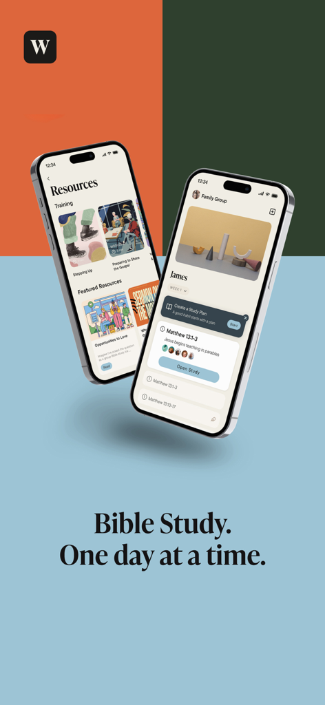 WordGo: The Bible Study App - Two mobile phones displaying WordGo app interfaces for Bible study resources and family group plans