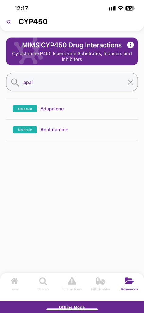 eMIMS Elite - eMIMS Elite mobile app interface showing a search for Cytochrome P450 drug interactions with molecule results for Adapalene and Apalutamide.