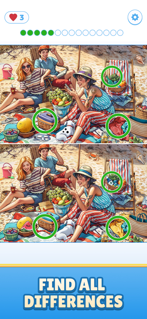 Find Master - Spot Differences - Uno screenshot di gioco mobile di Find Master che mostra due illustrazioni identiche di picnic in spiaggia con diverse differenze cerchiate in verde.