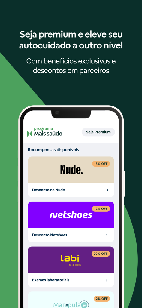 Screen showing premium rewards and partner discounts in the Programa Mais Saúde app.