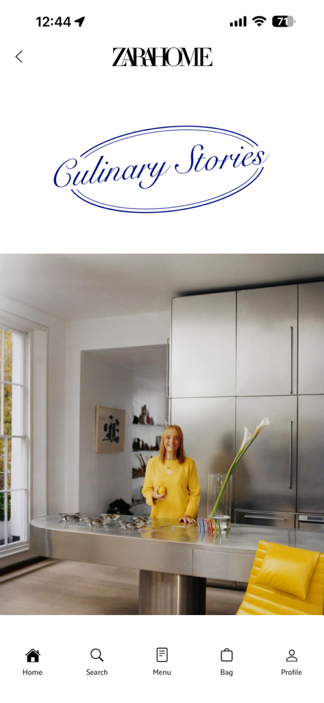 Zara Home - La app Zara Home mostrando la sección de estilo de vida Culinary Stories en una cocina moderna