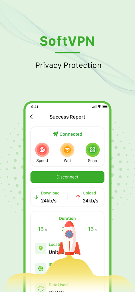 SoftVPN app success report screen showing a connected VPN status with connection speed and duration.