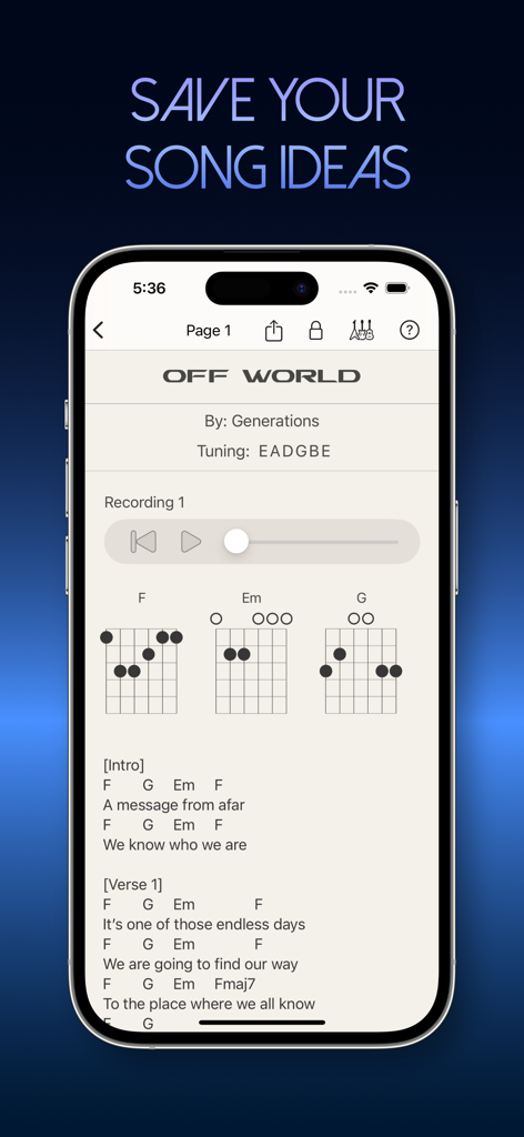 Guitar Notebook - Interfaz de la aplicación Cuaderno de Guitarra mostrando diagramas de acordes de guitarra y letras