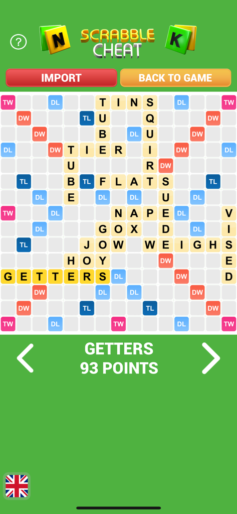 Solver for SC GO - Cheat - Scrabble GO cheat app showing a solved game board with a high score word