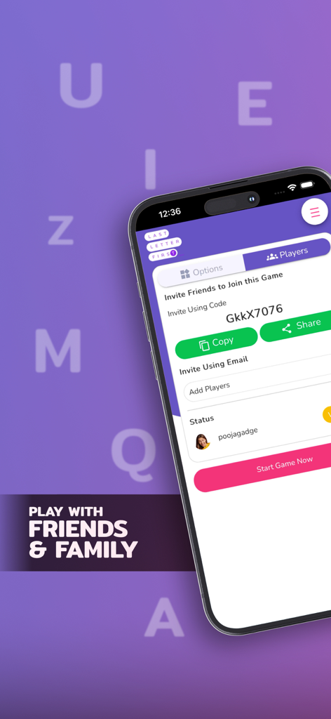 Last Letter First:  Word Game - Interface of Last Letter First word game showing options to invite friends and family to a match