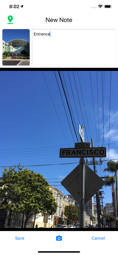 RouteNote app interface showing the New Note screen with a pinned photo of a street sign and the text entrance