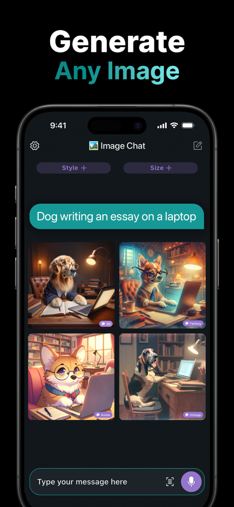 Interfaz de la aplicación Super AI Chat que muestra la función de generación de imágenes con un prompt para un perro escribiendo un ensayo en una laptop y cuatro resultados de imagen generados.