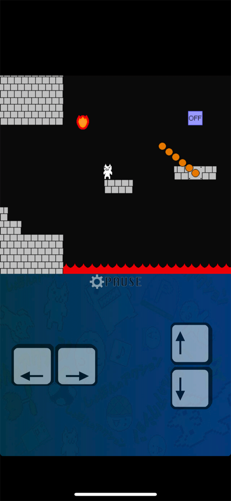 Syobon Action gameplay screen with the cat character on a platform surrounded by fire hazards and touch controls