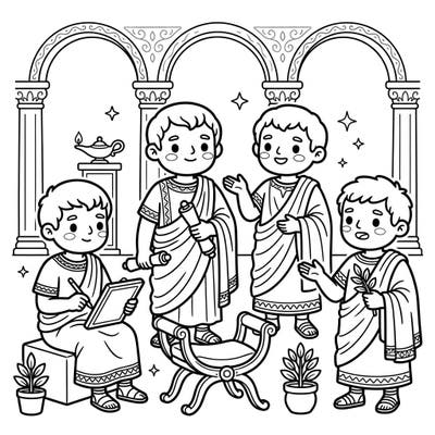 Dive into history with an adorable twist with our Kawaii Roman Senators coloring page! This delightful illustration brings the ancient world to life with charming, rounded characters perfect for all ages.