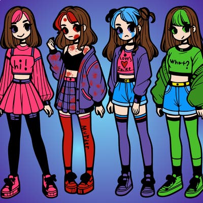 one girl with crop-top shirt and a jacket with a skirt, long socks and another girl with a shirt and pants with a jacket