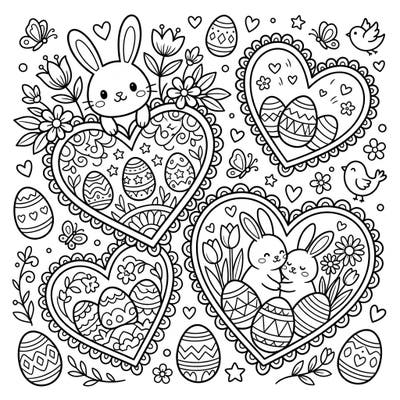 Dive into the festive spirit of Easter with this delightful coloring page featuring charming bunnies nestled within heart-shaped designs. Kids will love bringing these adorable scenes of decorated eggs and spring blossoms to life with their favorite colors.