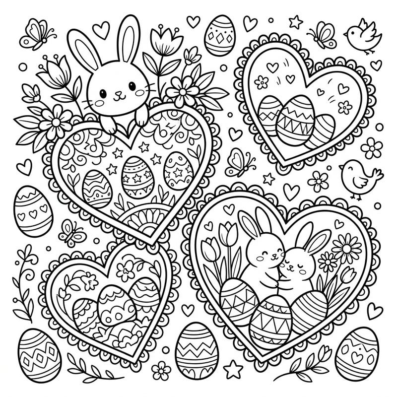 Dive into the festive spirit of Easter with this delightful coloring page featuring charming bunnies nestled within heart-shaped designs. Kids will love bringing these adorable scenes of decorated eggs and spring blossoms to life with their favorite colors.