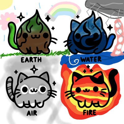 4 cats that represent the different elements, earth, water, air, and fire