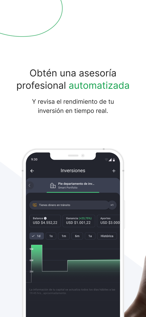 Holdo app interface showing investment balance and automated performance tracking graph