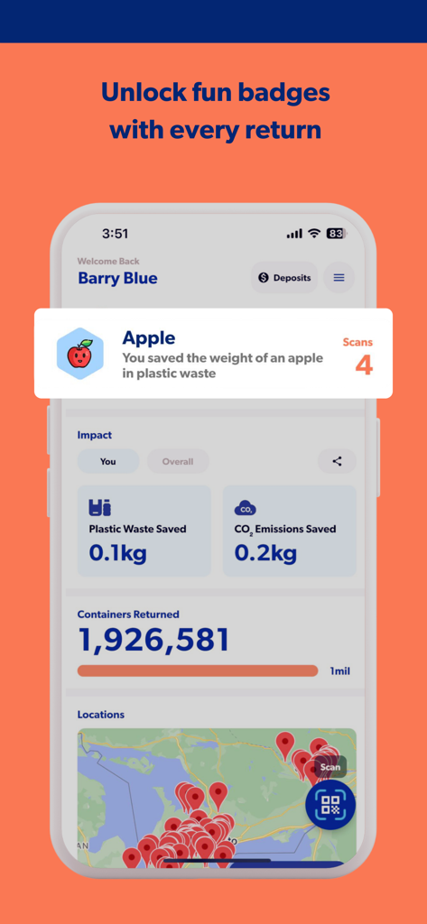 Friendlier - Friendlier app dashboard showing environmental impact metrics and a map of container return locations.