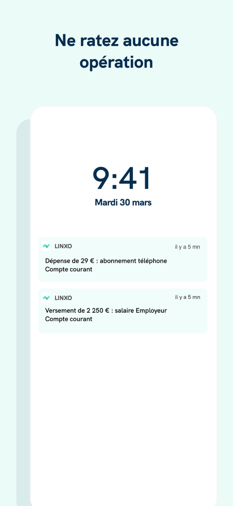 Linxo - L'app n°1 de budget - Smartphone lock screen displaying Linxo app notifications for a salary deposit and a phone subscription expense