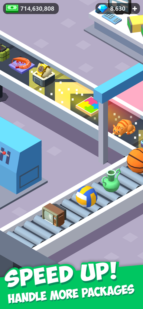 Various items moving on a warehouse sorting conveyor belt in the Idle Courier game